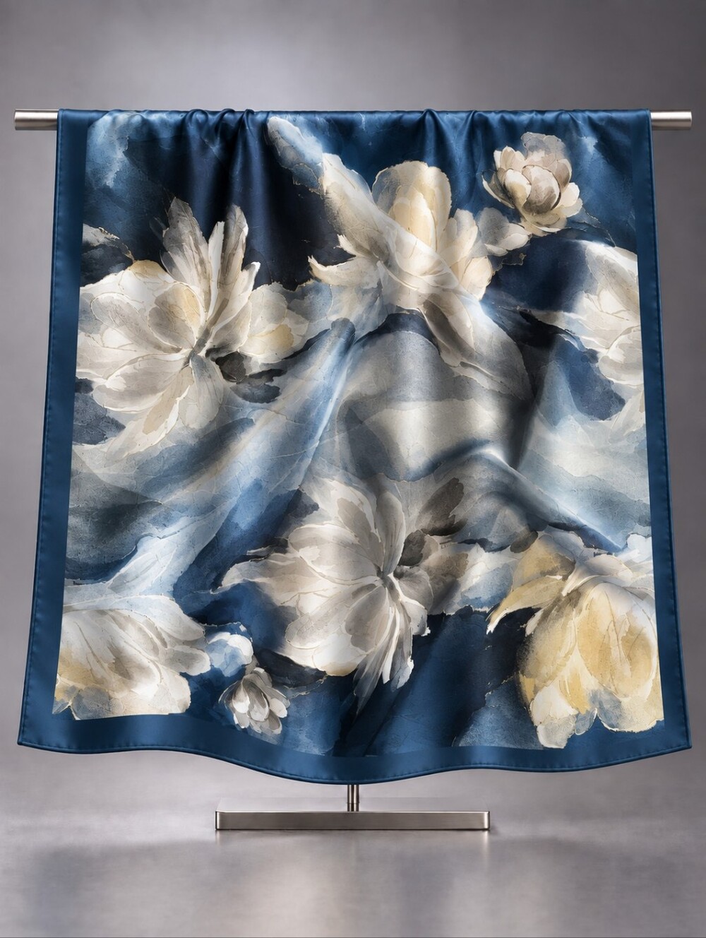 Luxury 100% Silk Blue Cream & Yellow Floral Print Square Scarf
